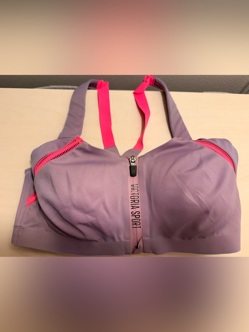 Victoria Sport Front-Zip High Impact Sports Bra - Lavender with Pink Accents